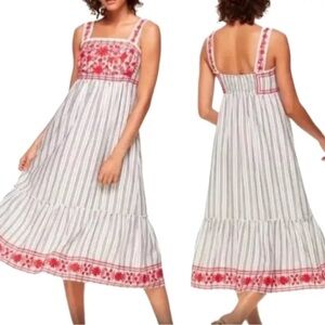 Kate Spade Broome Street Red Floral Embroidered Stripe Tiered Midi Dress S